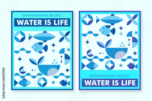 Set of cover templates in neo geo style about saving water resources. For brochures, banners, flyers, branding and other projects about environmental care.