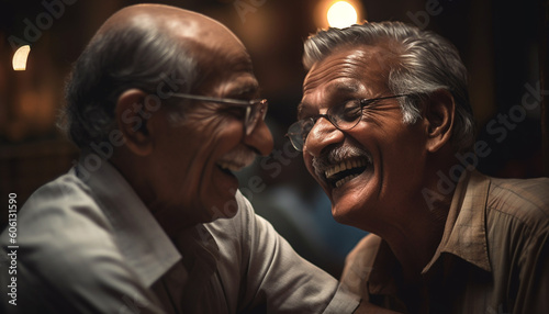 Two senior men smiling, enjoying retirement together generated by AI