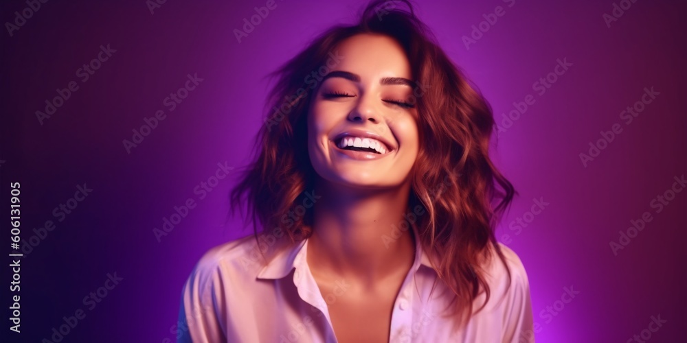 Smiling. Portrait of female fashion model in cotton shirt isolated on purple background in neon light. Generative ai Smiling. Portrait of female fashion model in cotton shirt isolated on purple background in neon light. Generative ai