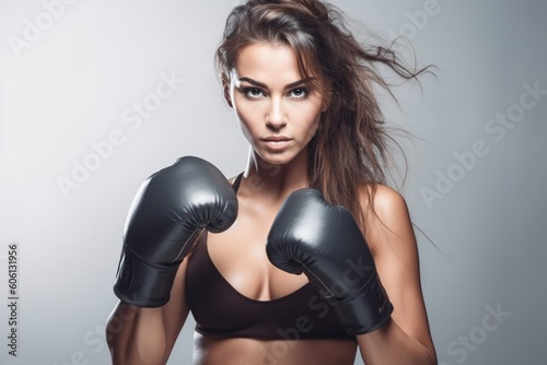 Sporty fit latin woman during boxing exercise making hit. Boxer isolated on white background. Strength and motivation. Generative Ai. © ckybe