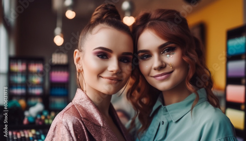 Two young adult females smiling with confidence generated by AI