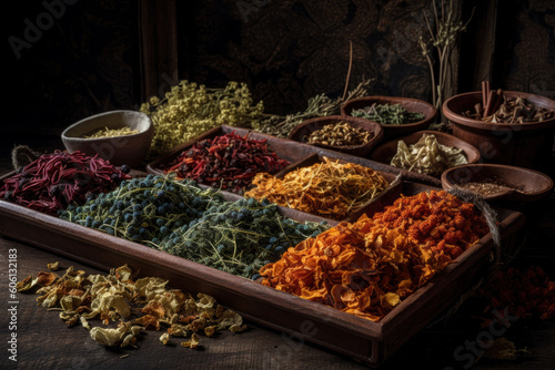 Various dried spices on a wooden table, AI Generated