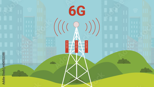 6G Technology Tower Emitting Rays Illustration 