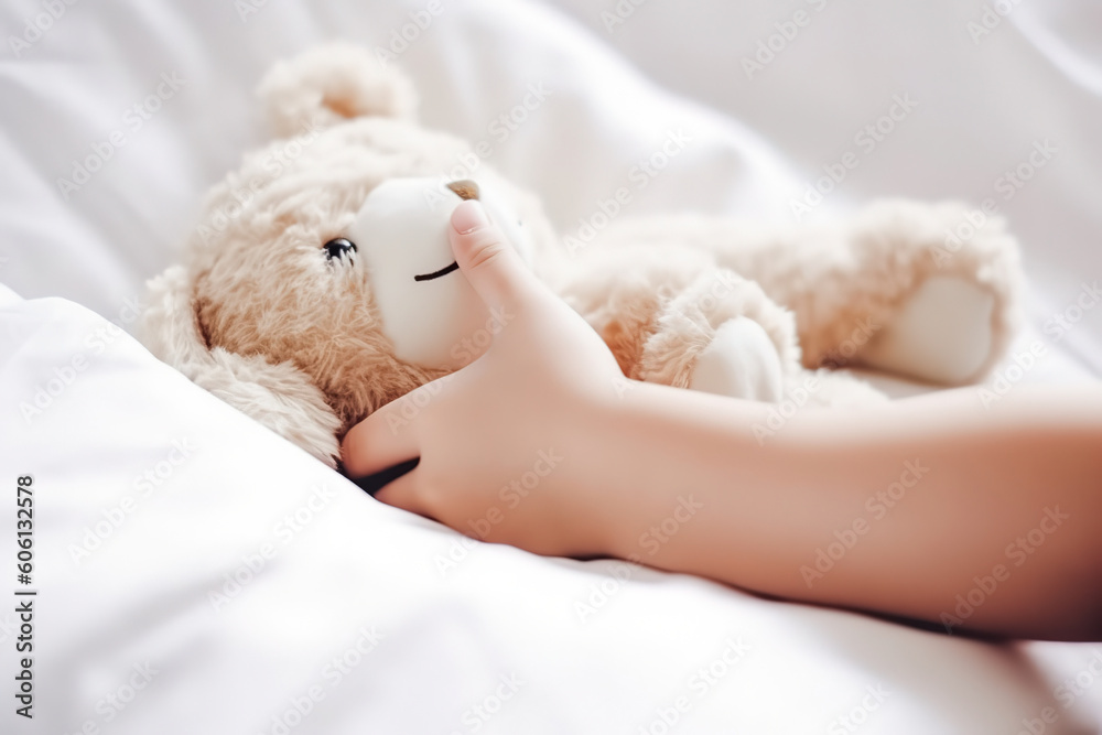 Baby hands with Cute little teddy bear on white bed in morning, generative ai. Baby hands with Cute little teddy bear on white bed in morning, generative ai.