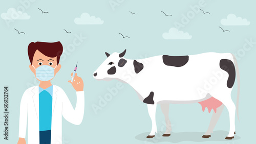 Animal Doctor Giving Injection to Cow in Dairy Farm Illustration 