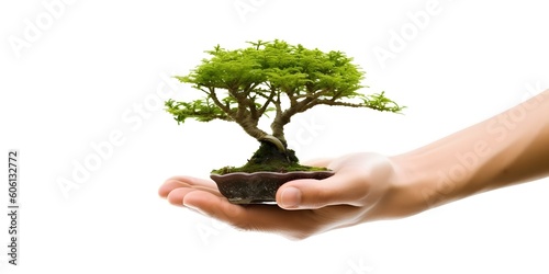 Youngman hands holding a small tree isolated on white background. Planting tree eco concept. Generative ai.