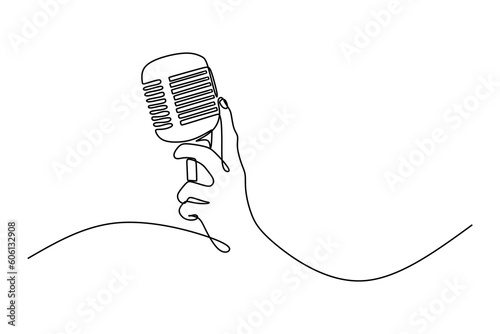 Continuous line drawing of singer hand using microphone