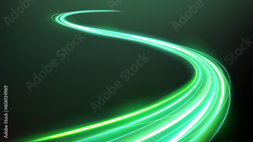 Green Light Trails, Long Time Exposure Motion Blur Effect. Vector Illustration