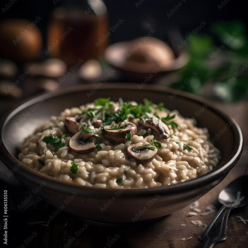 A Creamy Mushroom Risotto with Fresh Parsley and Parmesan Cheese A Creamy Mushroom Risotto with Fresh Parsley and Parmesan Cheese