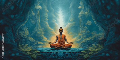 Meditation chakra concept. Meditating man. Yoga. Concentration. World Yoga Day. AI Generative
