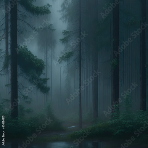 Dark Foggy Night Scene Pine Tree Forest Mossy Rocks and Water Ground Generative Ai