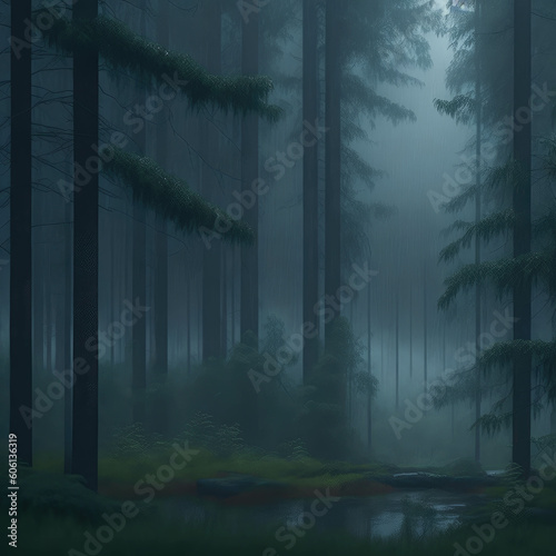 Dark Foggy Night Scene Pine Tree Forest Mossy Rocks and Water Ground Generative Ai