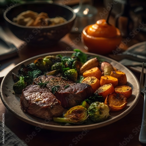 A delicious plate of steak and roasted vegetables
