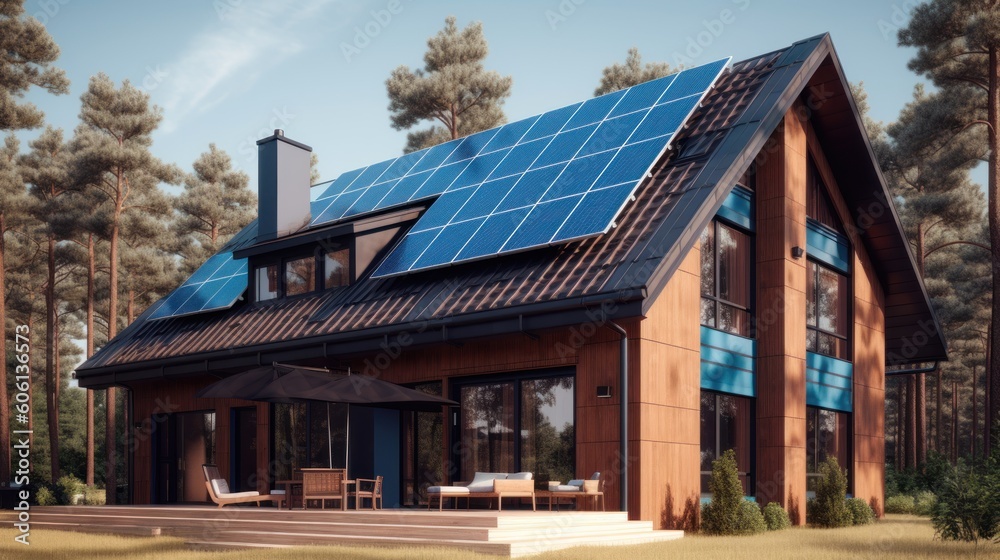 Alternative green energy, solar panels on the roof top of the house. Generative AI