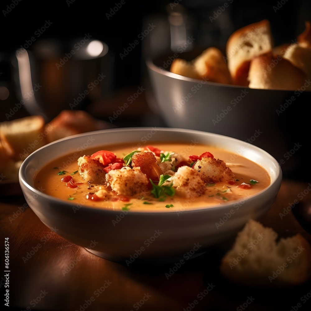 A Rich and Creamy Bowl of Lobster Bisque with Croutons A Rich and Creamy Bowl of Lobster Bisque with Croutons