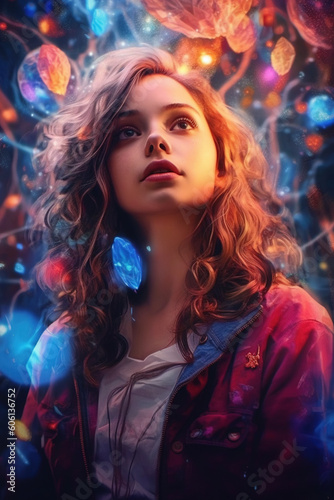 Woman portrait with magical colored lights, generative AI, AI generated