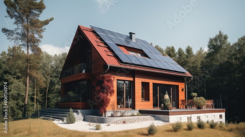 Alternative green energy, solar panels on the roof top of the house. Generative AI © Natee Meepian