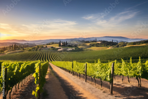Digital landscape photo of grape plantation of a dreamy winery in Tuscany. Concept of ecological environment. Generative AI