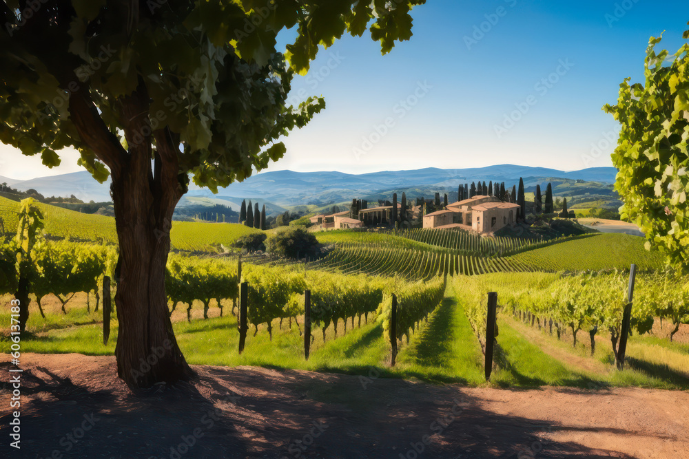 Naklejka premium Digital landscape photo of grape plantation of a dreamy winery in Tuscany. Concept of ecological environment. Generative AI