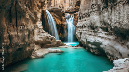 Beautiful turquoise waterfall flows into natural pool surrounded by rock formation. Generative AI