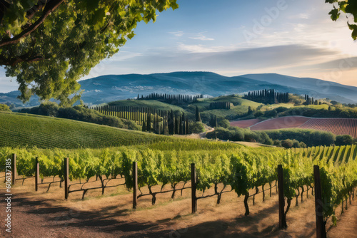 Digital landscape photo of grape plantation of a dreamy winery in Tuscany. Concept of ecological environment. Generative AI