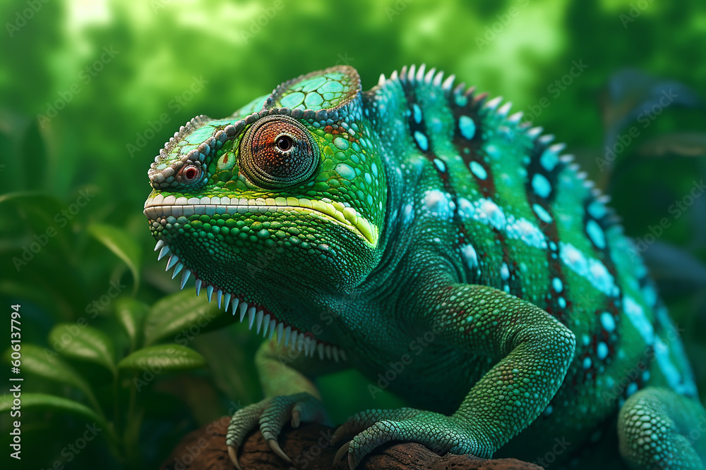 Generative AI. Close-up portrait of a chameleon with a green hue.
