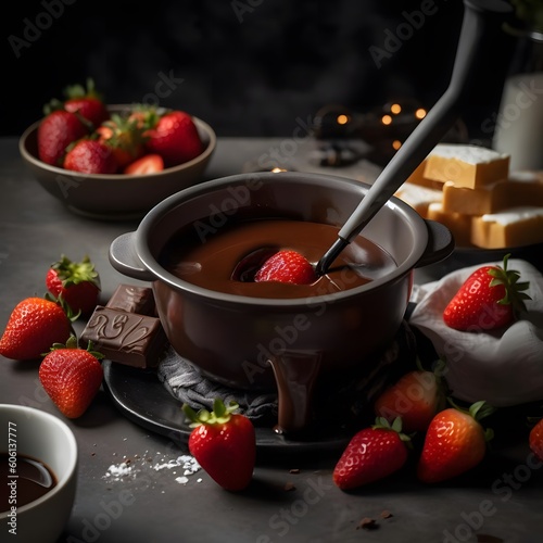 A sweet and indulgent Swiss chocolate fondue with strawberries, shot with a Canon EOS R5 at a top-down angle in soft natural light on a white fondue pot with a smooth and creamy melted chocolate.