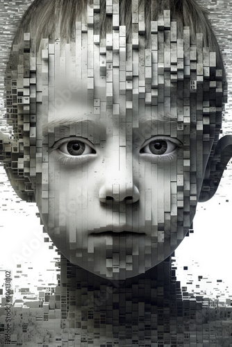 Pixelated child portrait in white and grey tones - generative AI, AI generated
