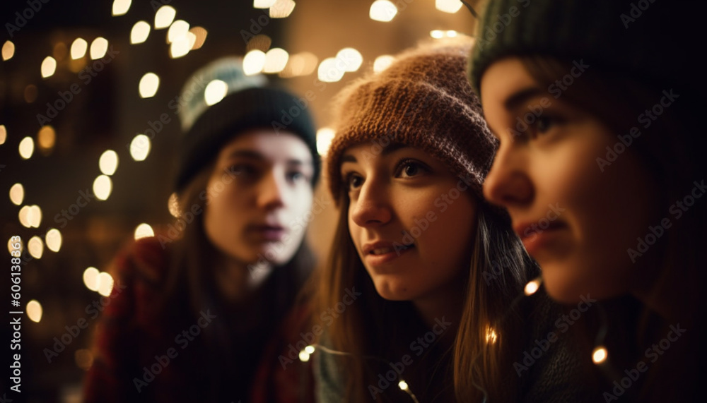 Young adults smiling, illuminated by Christmas lights generated by AI