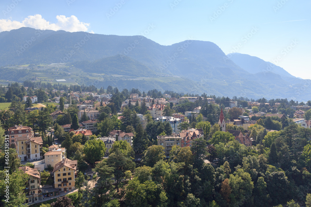 Panorama view of Merano cityscape and mountains, South Tyrol, Italy