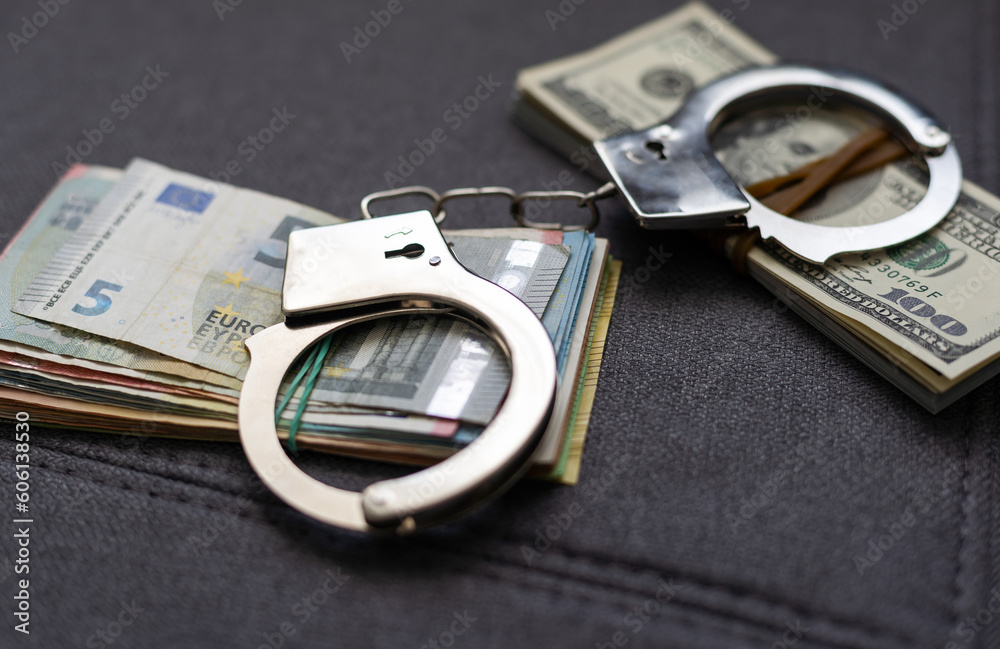 Banknotes dollars money and handcuffs isolated on black background. Dark image for corruption or fraud. money laundering concept Banknotes dollars money and handcuffs isolated on black background. Dark image for corruption or fraud. money laundering concept