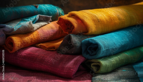Multi colored textiles stacked in vibrant arrangement generated by AI
