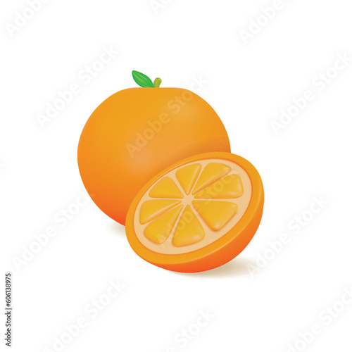 3d Fresh Fruit Whole Orange and Slices Concept Cartoon Style Isolated on a White Background. Vector illustration