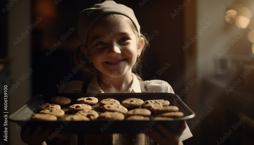 Cute girls baking homemade chocolate cookies indoors happily generated by AI Cute girls baking homemade chocolate cookies indoors happily generated by AI