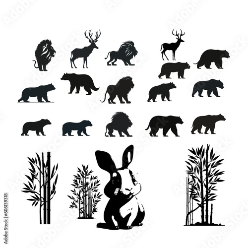 Collection of animal and bamboo silhouettes on a white background
