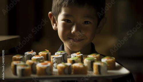 Smiling boys holding plates of fresh seafood generated by AI