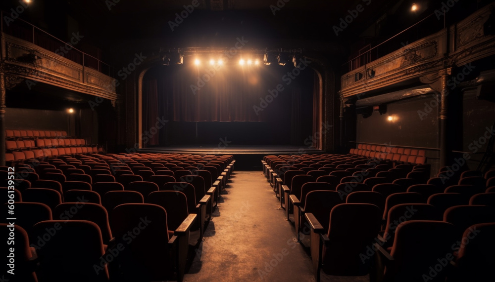 Fototapeta premium Empty auditorium, illuminated stage, comfortable velvet seats generated by AI