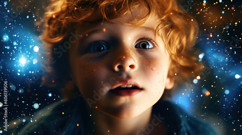 Fantasy portrait of a cute child with fairy lights - generative AI, AI generated