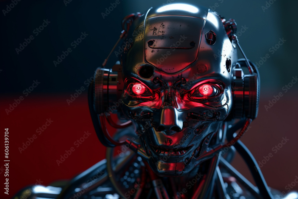 Android scary robot made of metal. Ai generated