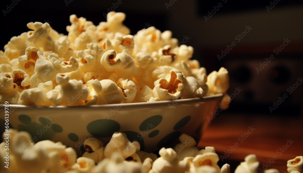 Freshly popped corn in striped bucket at movie theater generated by AI Freshly popped corn in striped bucket at movie theater generated by AI