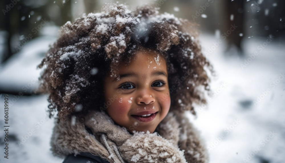 Smiling child in warm clothing enjoys snow generated by AI Smiling child in warm clothing enjoys snow generated by AI