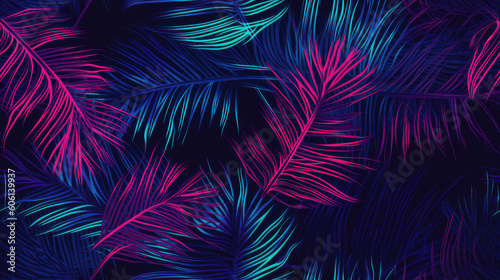 Palm neon blue red leaves, green tropical pattern, leaves in tropical forest. generative ai, generative, ai