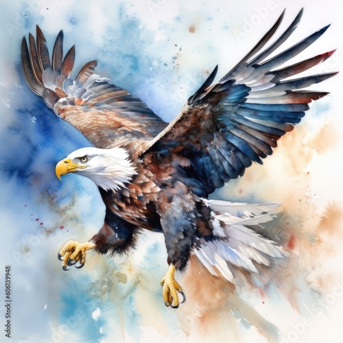 Bald Eagle flying in the blue sky. Digital watercolor painting Generative Ai © bilgegrowth