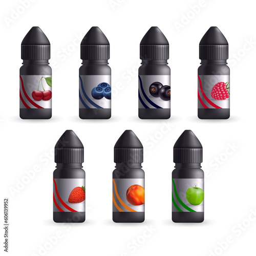 Realistic Detailed 3d Vape Aromatic Liquid Different Fruit Flavours Set Include of Raspberry, Cherry and Blueberry Fragrance. Vector illustration