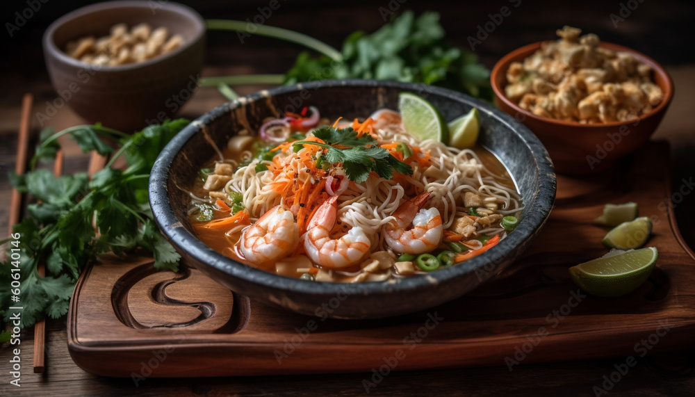 Gourmet seafood meal with prawn scampi soup generated by AI Gourmet seafood meal with prawn scampi soup generated by AI
