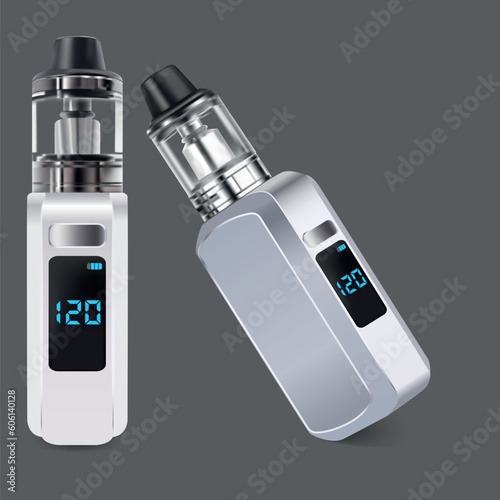 Realistic Detailed 3d Electronic Cigarette Vaping Device Set Vape Container. Vector illustration of Portable Smoke Devices