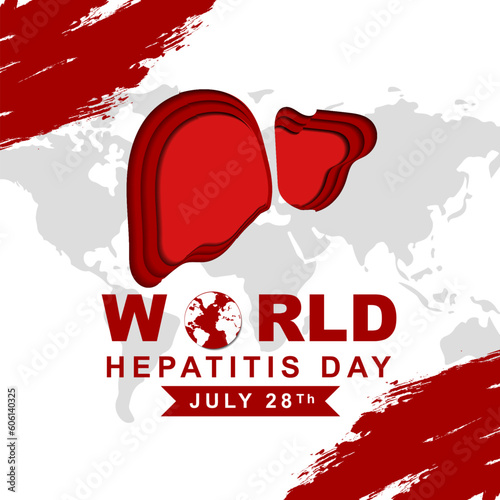 World hepatitis day on 28 july, greeting card banner design in paper cut style with heart decoration and world map