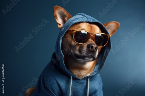 Cool funny dog with a hoodie and sun glasses. Ai generated