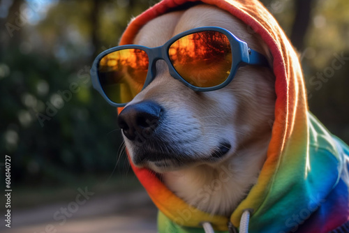 Cool funny dog with a hoodie and sun glasses. Ai generated