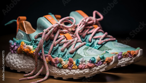 Multi colored sports shoe laces tied in knot generated by AI